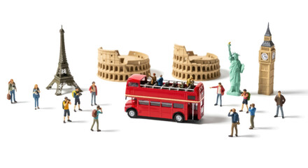 Miniature World Landmarks with Tourists and Red Double-Decker Bus. © Il