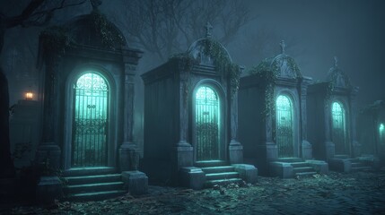 Eerie graveyard with ancient stone mausoleums illuminated by ghostly blue-green light in a foggy misty forest at night