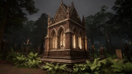 Mystical Gothic mausoleum structure surrounded by lush greenery and tall trees in a foggy forest setting at night