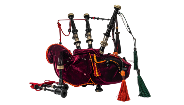 Maroon velvet bagpipes with black pipes & colorful tassels