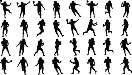 American football player silhouettes, athletes running, throwing, catching, tackling, sports action poses, helmet gear, dynamic movement, cad drawing flat vector illustrationv
