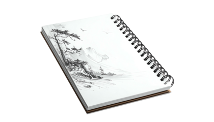 Nature sketch on spiral notebook, trees, mountains, bird silhouette