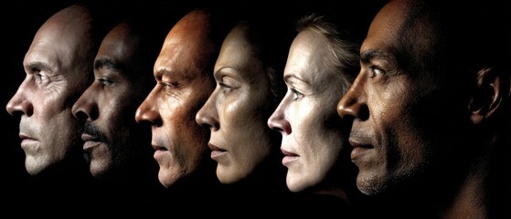 Diverse group of six multicultural people in profile facing left isolated on black background with serious expressions and varied skin tones