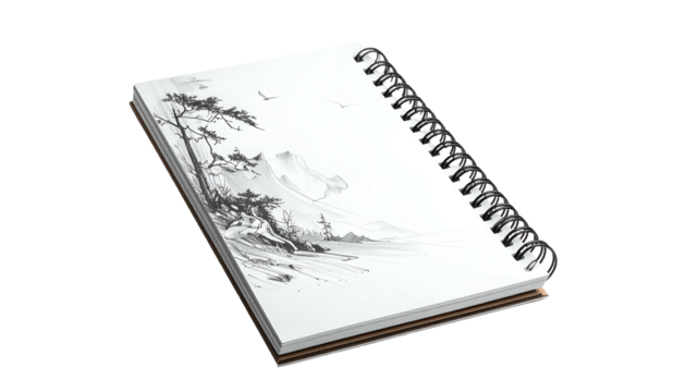 Nature sketch on spiral notebook, trees, mountains, bird silhouette