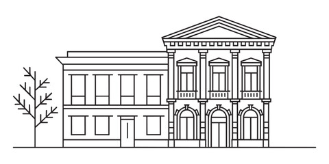 Historic Building Facade Vector Illustration with Tree Architectural Drawing