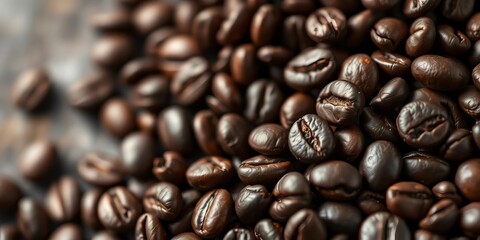 Obraz premium Close-up of dark roasted coffee beans, oily sheen, rich texture, depth, macro