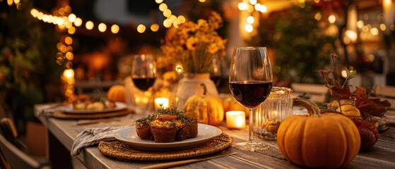 Elegant outdoor autumn dinner party setup with candles wine pumpkins and fairy lights cozy festive evening scene