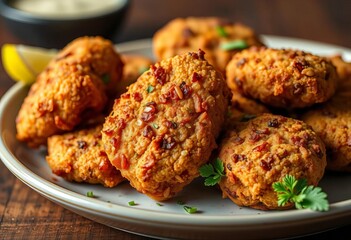 Close-up of textured vegan chicken nuggets on a plate,   delicious,  vegetable protein