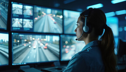 Woman monitors surveillance system in control room. She wears headset watching traffic on multiple computer screens. Security officer observes real time urban city data.