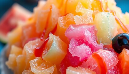 Close-up of vibrant scoops of Hawaiian shaved ice, colorful syrups, and fresh fruit, colorful, syrup
