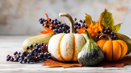 Colorful autumn harvest display with pumpkins gourds and fall foliage arranged on rustic wooden surface for seasonal decoration