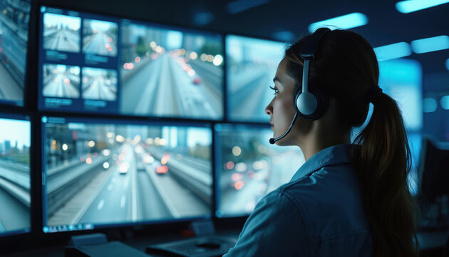 Woman monitors surveillance system in control room. She wears headset watching traffic on multiple computer screens. Security officer observes real time urban city data.