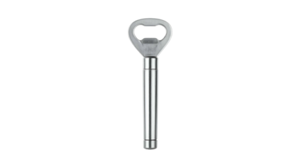 Silver bottle opener with handle against a stark black background