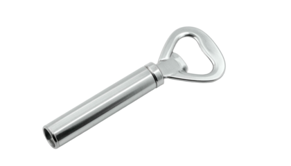 Polished metal bottle opener with handle on black background