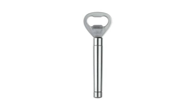 Silver bottle opener with handle against a stark black background