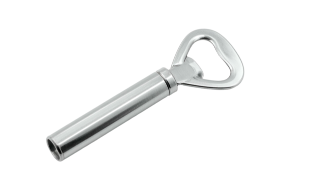 Polished metal bottle opener with handle on black background