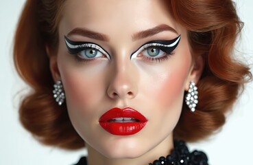 Fototapeta premium Woman with vibrant red lips and dramatic winged eyeliner poses with retro curled hair. She wears sparkly earrings and a dark beaded necklace, looking sophisticated and glamorous.