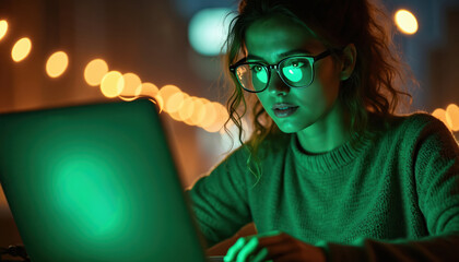 Woman with glasses works on laptop at night. Green lights reflect on screen and her face. Blurred festive lights in background suggest late work or celebration.