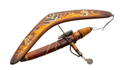 Curved boomerang atop adorned didgeridoo, tribal arts ensemble