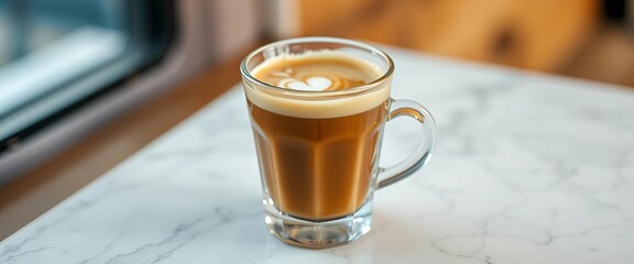 Creamy, light brown dalgona coffee sits atop milk in a clear glass,  aesthetically pleasing,  overhead
