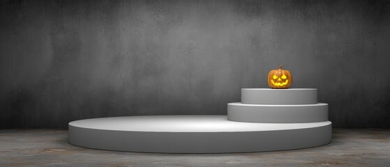 Halloween pumpkin sitting on a round platform against dark textured background perfect for festive celebration decorations and spooky themes
