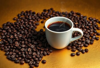 Fototapeta premium Dark roasted coffee beans scattered around a steaming cup of coffee on a gold and black background, cup, autumn