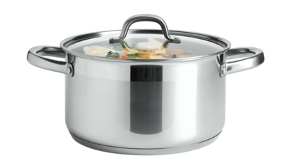 Shiny pot with a glass lid, vegetables simmering