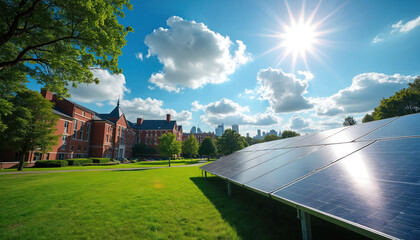 Bright sun shines on solar panels at university campus. Green grass and trees surround the buildings. Eco-friendly energy tech at educational institution promotes sustainability and future.
