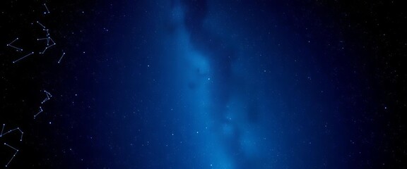 Deep blue night sky, glittering stars, subtle zodiac constellations, stars, blue