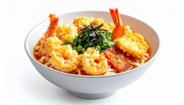 Hot udon noodles in broth topped with shrimp tempura, narutomaki fish cake, and green onions.