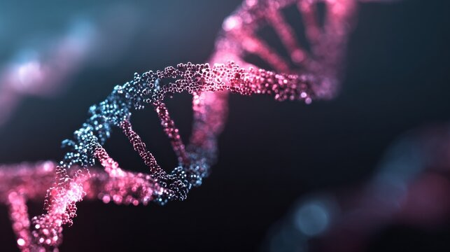Colorful representation of DNA strands with detailed molecular structures illuminated by soft light in a scientific and artistic composition