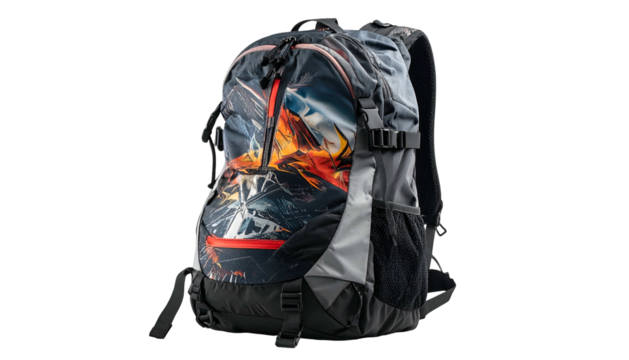 Backpack with abstract fiery mountain graphic, against black