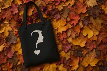 Autumn Mystery Concept: Black Tote Bag with Question Mark and Face Silhouette on Fall Leaves with Dried Roses