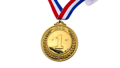Golden medal with ribbon, number one, on black background