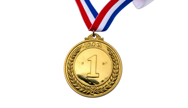Golden medal with ribbon, number one, on black background