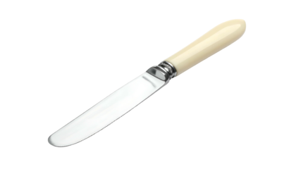 Shiny silver butter knife with an off-white, curved handle