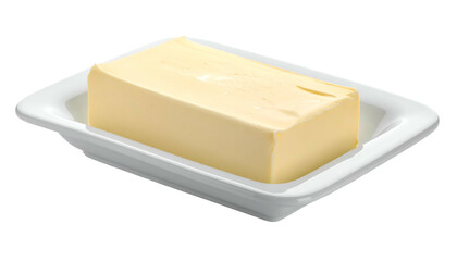 Shiny, smooth butter block in white ceramic dish