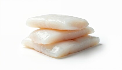 Three raw cod fillets stacked on clean white background. Portions of fresh white fish ready for cooking preparing healthy meals. Seafood ingredient offers lean protein for diet.