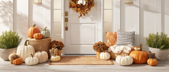 Cozy Autumn Entrance with Pumpkin Decor Piles and Fall Wreaths for Warm Home Autumn Harvest Festive Atmosphere