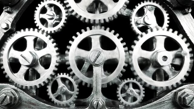 Closeup view of intricate metal gears and cogs working in unison showcasing the complex mechanics of a machine in a black and white aesthetic.