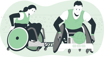 Two wheelchair athletes with a ball, possibly playing wheelchair rugby or basketball wheelchair sports