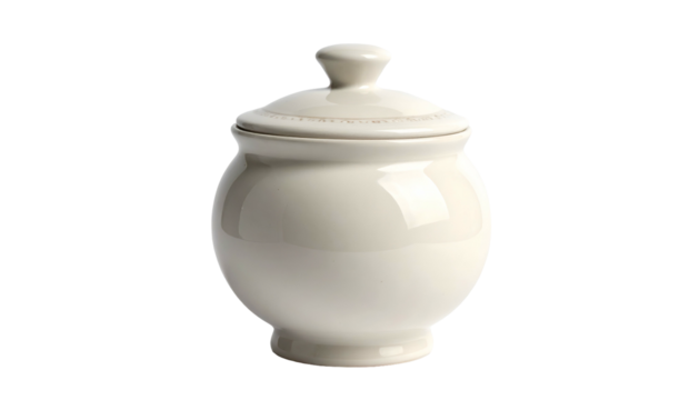 Covered cream ceramic pot with a finial knob on a black background