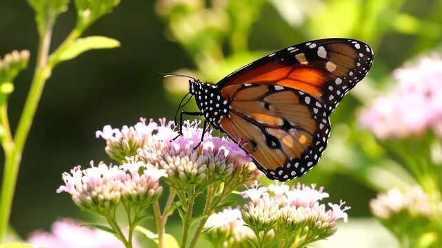 A vibrant monarch butterfly with striking orange and black wings gracefully perches on a cluster of delicate pink flowers basking in the warm sunlight of a lush garden showcasing the intricate patter.