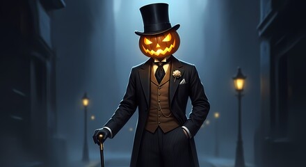 A dapper gentleman with a glowing jackolantern head, dressed in a formal suit and top hat, stands on a dimly lit, cobblestone street at night, holding a cane, embodying a sophisticated and eerie hallo