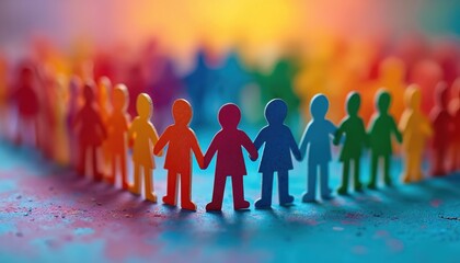 Illustration featuring colorful paper figures holding hands together. Artwork community diversity support, unity. Group of people connect embracing friendship society. Image shows teamwork