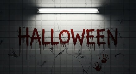 The word halloween written in dripping blood on a grimy, tiled wall, with handprints and cracks, illuminated by a harsh fluorescent light, creating a terrifying and unsettling scene perfect for horror