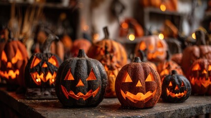 Group of Halloween carved pumpkins with glowing faces and spooky expressions on a dark festive background for October celebration