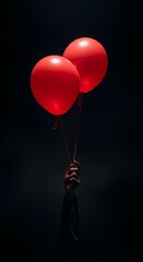 A hand holding two red balloons against a dark, moody background, creating a sense of mystery and suspense