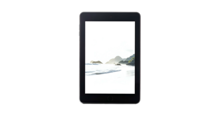Tablet displays beach landscape with white sand and ocean waves