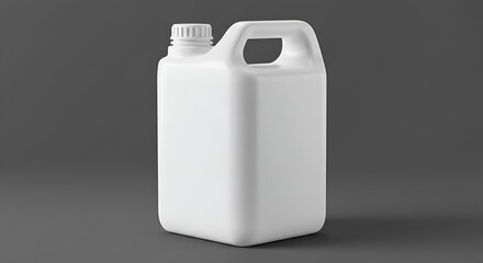 Studio shot of a blank white plastic jerrycan against a grey background